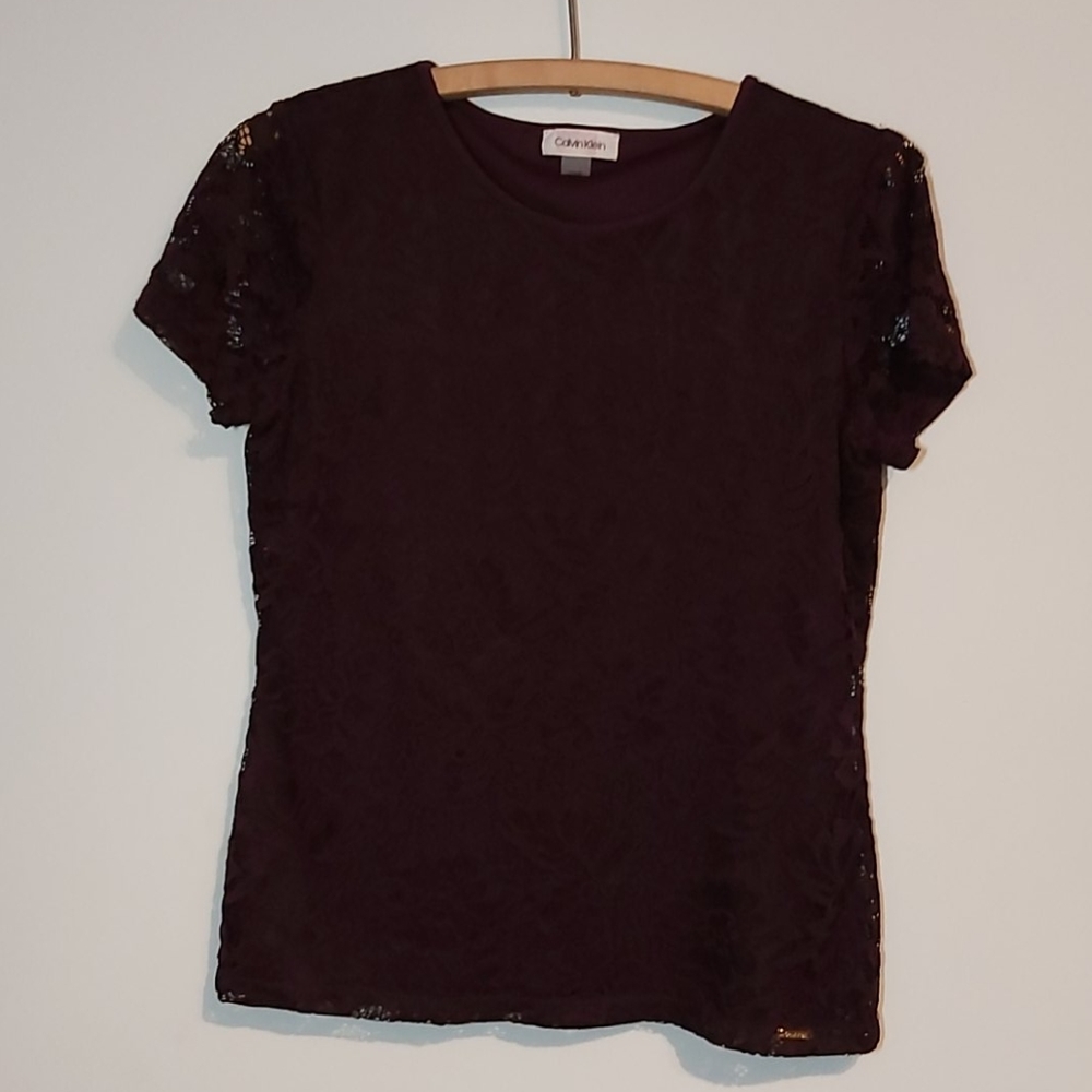 Calvin Klein short sleeve purple lace blouse